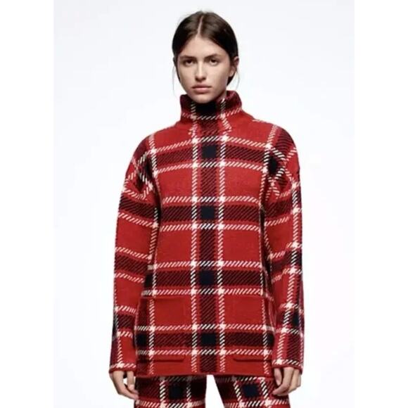 Zara Sweaters - ZARA red black plaid sweater funnel neck with front pockets. Small